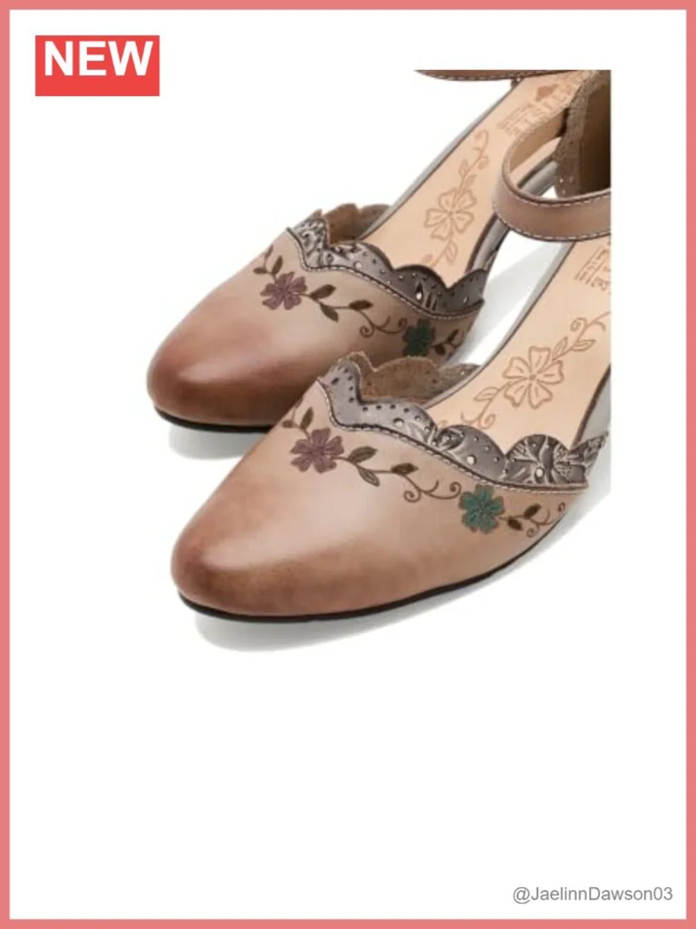 Women's Leather Embroidered Pumps Kitten Heel Hook & Loop Almond Toe